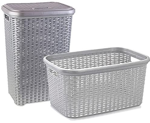 Acan Tradineur – Set de cestas Estilo Rattan – Incluye Cesta de 35 litros y pongotodo de 60 litros – Fabricado en plástico Resistente – Ideales para la Colada de la Ropa – Color Plata