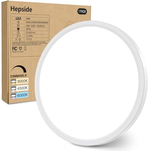 hepside 12Inch Flush Mount Light Fixture White, 28Watt, Dimmable & 3000K-4500K-6000K 3 Color Selectable Flush Ceiling Light Fixture 3200LM Low Profile Ceiling Light for Kitchen Bedroom Hallway Porch