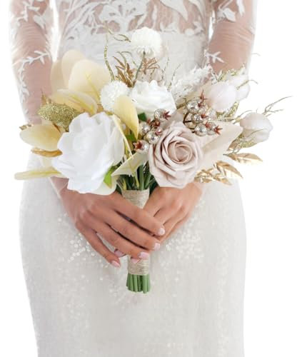URFEDA Bouquets de Mariée Faits à La Main pour Mariage, Bouquets De Mariée De Mariage Fleurs Artificielles De Rose Bouquet Faux Fleurs avec Ruban De Soie pour La Maison Centres de Table Fête