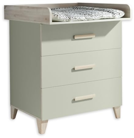 PRIZZI Praktische Baby Wickelkommode inkl. Wickelaufsatz in Pastellgrün / Aurum Optik - Vielseitiger Wickeltisch mit viel Stauraum - 90 x 107 x 78 cm (B/H/T)