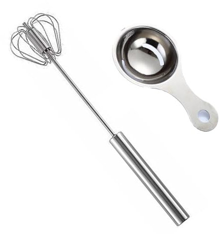 10 Zoll Halbautomatischer Schneebesen Set, Schneebesen Edelstahl, Handschneebesen Rührbesen mit Eiertrenner zum Mischen Schlagen Aufschäumen und Rühren (Silber)