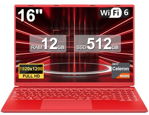2025 Gaming Laptop 16 Zoll Win11 12+512GB SSD Unterstützung 2TB(HDD-2TB) 1920x1200 Notebook 4-Core Celeron N5095 (bis 2.9GHz) Laptop mit Nummerntastatur WiFi Mini HDMI Deutscher Tastaturschutz-Rot