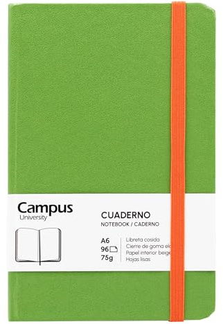 Campus – Taccuino A6, Bullet Journal con fogli lisci, taccuino cucito a copertina rigida con 96 fogli da 75 g, chiusura elastica, tasca e segnalibro. (A6, Liscia, Verde)