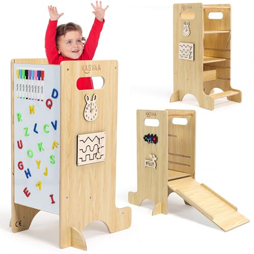 Torre de Aprendizaje Montessori con Pizarra Magnética, 8 Rotuladores y 26 Letras – Learning Tower 3 en 1 Regulable en 3 Alturas con Tobogán y 4 Juegos – Madera CE/EN71, Antivuelco 60 kg, 1 a 5 años