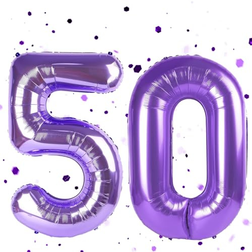Globo de aire lila 50, globo de números lila, globo de 100 cm lila 50, globo de números 50 de helio, globo de cumpleaños 50 para decoración de cumpleaños mujer hombre, aniversario, fiesta, decoración