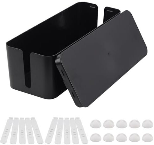 AWBEOT Caja Organizadora de Cables, Caja Cables, para Ocultar y Organizar el cableado, Negro y Blanco, Grande, Mediano, pequeño, con 10 Bandas organizadoras, 10 Clips de Escritorio (Negro, Grande)