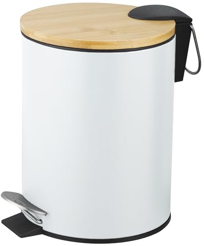 Amig - Cubo de Basura para Baño con Pedal 5 Litros Mod. Naturline - Color Blanco y Bambú - Apertura Higiénica sin Manos - Ø20 x 26 cm - Acero Inoxidable Lacado - Papelera Redonda con Tapa Hermética