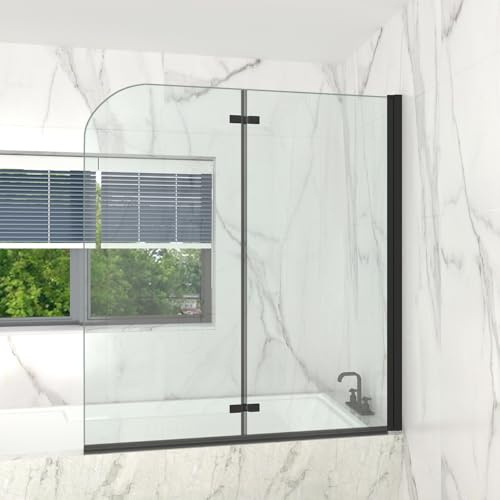 T&K Bath Screen Bifold Shower Panel Black 1300x1400mm 2 Section Folding Shower Screen 5mm Toughened Double-Sided Easy Clean Glass 180° Pivot Bathroom Shower Door