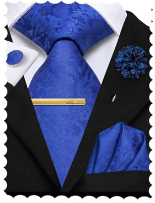 Hi-Tie Royal Blue Ties for Men Silk Floral Mens Tie Set Dress Necktie Flower Lapel Pin Clip Pin Set for Wedding Busines
