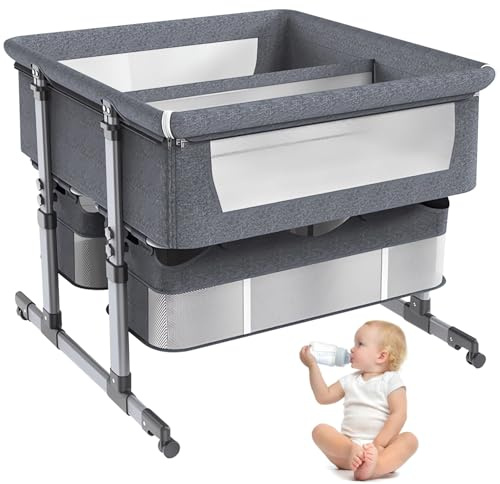 Twins Bedside Crib,Twins Next to Me Crib,6 Level Adjustable Bedside Bed with Anti-Reflux Slope, Detachable Divider & Silent Wheels,Travel Cot with Mattress,Portable Co-Sleeping Baby Bed (Dark Gray)