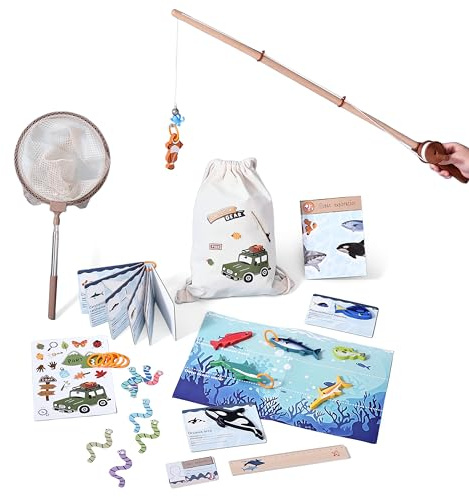 Fishing Games for Kids 3-5,Play Fishing Rod,33pcs Wooden Fish Toy Set with Fish Models, Reel Rod, Net, Ruler, Knowledge Cards & DIY Storage Bag, Nature Exploration Pretend Play Toy for Boys & Girls