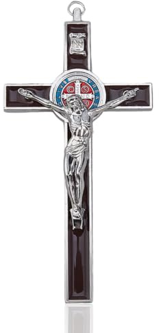 DICOSMETIC 1 croce da parete in lega da 19,2 x 9,8 cm, piccola croce da parete in lega di San Benedetto, croce smaltata marrone, decorazione a croce cristiana cattolica