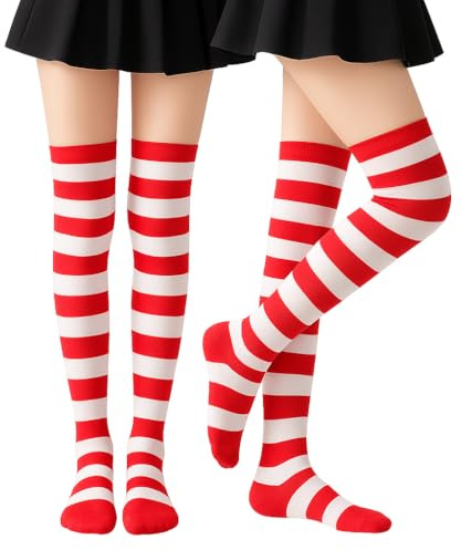 JClorix 2 paires Overknee Rayées MI-cuisse Chaussettes Longues Femme Thigh-High Bas cuisse Overknees, Carnaval Cosplay Noël Party Hiver Festif, Bas au-dessus du genou