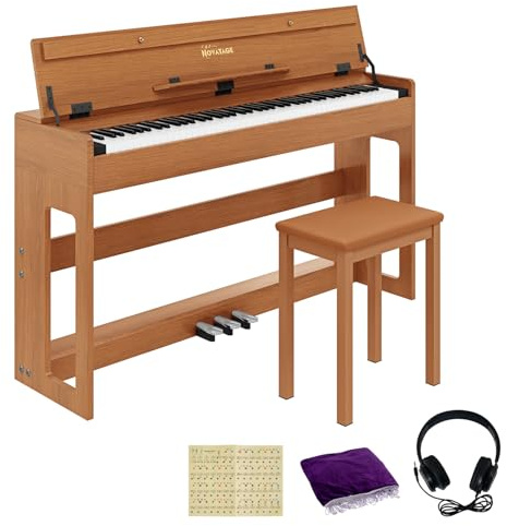 NOVATAGE 88-Key Weighted Piano Keyboard, Hammer Action Digital Piano with Speakers, Wooden Electric Piano with bench, Triple Pedal, Headphone, cover, Supports MIDI Connecting (Brown)