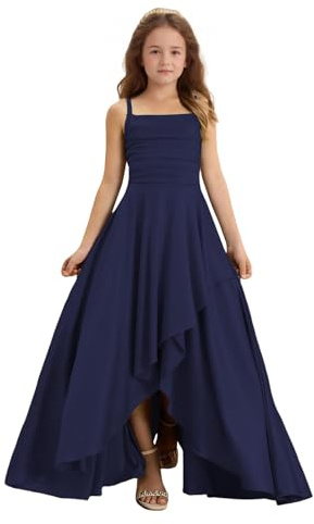 Girls High-Low Flower Dress Pleated Satin Bridesmaid Dresses Elegant Spaghetti Strap High-Waist Formal Dress with Asymmetrical Hem Perfect for Prom,Graduation, Party, Wedding, Birthday 15