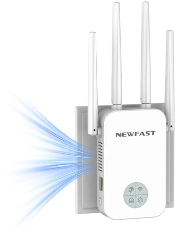 NEWFAST Amplificador Señal WiFi Repetidor WiFi Doble Banda | 5GHz y 2,4GHz, Extensor de Wi-Fi con WPS Botón, Puerto Ethernet, 4 Antena, Pantalla Inteligente, para Casa/Oficina
