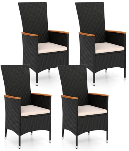 COSTWAY Lot de 2/4 Chaises de Jardin en Rotin, Fauteuil de Jardin, avec Coussin, Accoudoir, Coussinet de Pied Réglable, Salon de Jardin Extérieur 2/4 Personnes, pour Patio, Balcon, Cours (4)