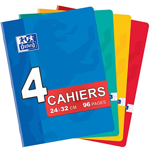 OXFORD Lot de 4 Cahiers Color Life 24x32cm Grands Carreaux Seyès 96 Pages Agrafées 90g Couleurs Assorties