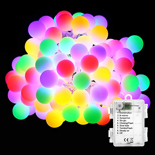PhilzOps 50 LED Kugeln Lichterkette Bunt, 5M Lichterkette Aussen Batterie 8 Modi Wasserdicht RGB Partybeleuchtung mit Speicherfunktion für Deko Weihnachten Innen Kinderzimmer Hochzeit Balkon