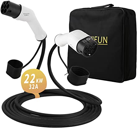 EVIEUN Tipo 2 EV Cavo di Ricarica per Auto Elettriche e Ibride | Tipo 2 a Tipo 2 | 32 A | trifase | 22 kW | 5 Metri | Compatible con Model S/ 3/ X/Y, Zoe, E-Tron, E-Golf,EQC, Kona