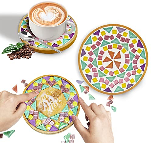 Untersetzer mit Glasmosaikfliesen, Mosaik-Set mit 15.5 cm Bambus-Untersetzer, Basteln für Erwachsene, gemischte Farben, Mosaik-Bastelmaterialien, tägliches Geschenk, Heimdekoration