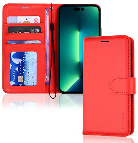 TECHGEAR iPhone 14 Pro Max Leather Wallet Case, Flip Protective Case Cover with Wallet Card Holder, Stand and Wrist Strap - Red PU Leather with Magnetic Closure Designed for iPhone 14 Pro Max 6.7
