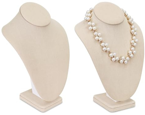 MOOCA 2 Pcs Necklace Chain Jewelry Bust Display Holder Stand, Display Mannequin, Necklace Bust Stand, Pendant Chain Organizer for Women, Tan Linen