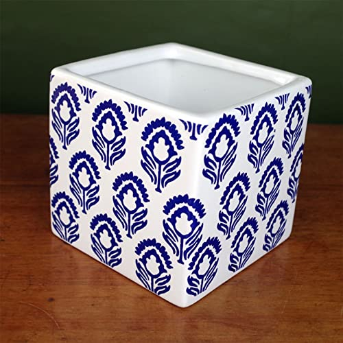 Leaf Ceramic Indoor Cachepot Planters, Blue White Floral Print, 12cm