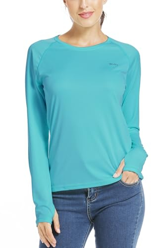 WILLIT Chemisier de sport pour femme UPF 50+ - Protection solaire - T-shirt de sport à manches longues Rashguard - Maillot de bain - Course à pied - Natation - Randonnée - Pêche - Léger, bleu, L