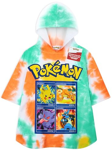 Pokémon Toalla Playa Capucha Pikachu Albornoz Poncho Toalla Baño Piscina Niño Adolescente Chico Anime Regalos para Niños (Multi Tie Dye, 10-13 Años)