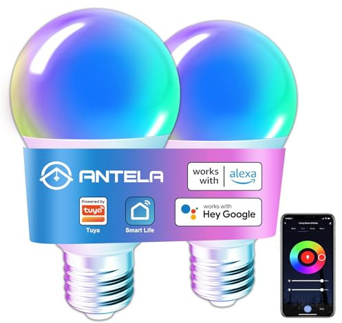 Alexa Glühbirne E27 7W 806LM ANTELA RGB 2700K-6500K Warmweiß Kaltweiß Licht Smart WLAN LED Dimmbare Birne Lampe, Kompatibel mit Google Home, Smart Life APP, 2 Stück