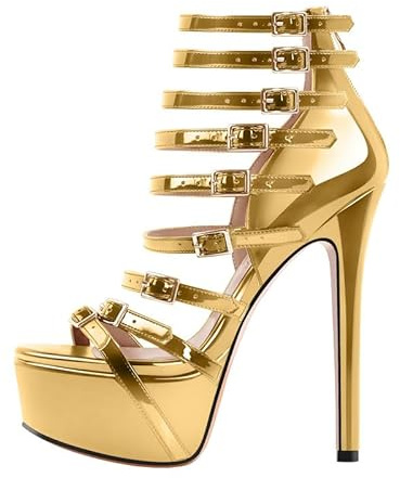 blingqueen Damen Schaftsandalen Plateau Sandaletten Römersandalen Riemchen High Heels Sandalen mit Schnalle Glitzer Gold 39 EU