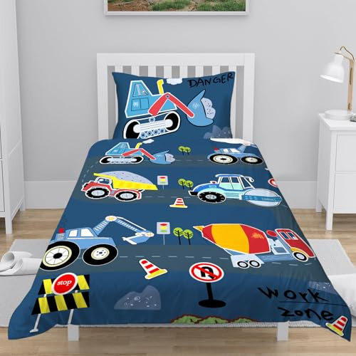 INTOMENG Car Beddings 135×200 for Kids Boys Single Quilt Cover Duvet Cover With Zip Fastening 3D Cars 100% Microfibre Bedding 135×200 Matching 1 Pillowcase 50×75cm 2 pcs Dark Blue