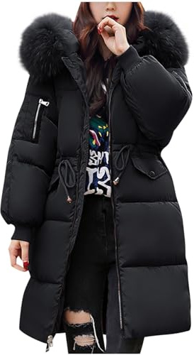 KUIH Womens Coat 2024 Clearance Plus Size Winter Coat with Fur Hood Long Padded Parka Coat Drawstring Waist Padded Jacket Full Zipper Plain Quilted Coats Mid Length Ladies Long Coat Winter Overcoat