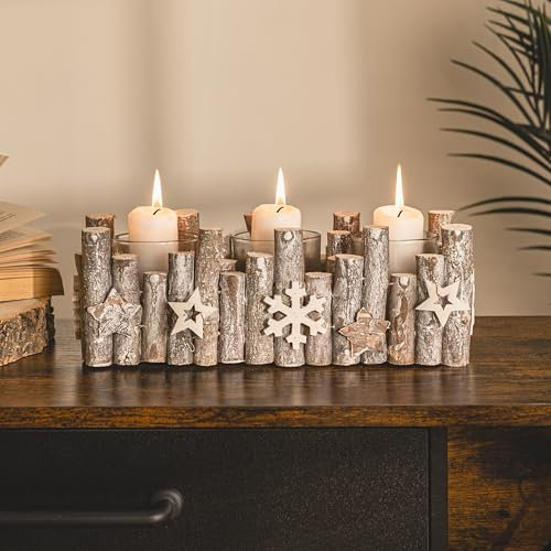 Marco Paul Festive Wooden Candles Holder for Candlesticks - Includes Triple Glass for Candles for Home Xmas Table Decorations Centrepiece - Christmas Candle Holders for Mantlepiece Living Rooms