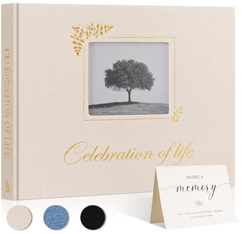 Lanpn Funeral Guest Book for Memorial Service, Linen Celebration of Life Registry Guest Book with Open Window, Memory Book for Funeral with Table Sign, Funeral Favors Sign in Books for Guests, Beige
