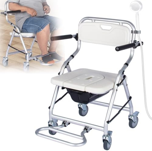 Miuxe Silla con Cómoda Junto Cama, Silla De Transporte con Ruedas para Inodoro con Brazos Y Ruedas, Silla De Transporte para Silla De Ruedas para Ducha para Adultos, Personas Mayores, Discapacitados