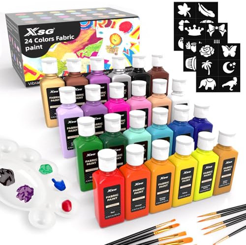 24 colores de pintura textil en botellas (60 ml) con pinceles, paleta, plantillas, pinturas textiles no tóxicas para camisetas, zapatos, bolsos, jeans, sin necesidad de calefacción