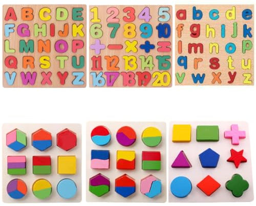 AFG Wooden Puzzles for Toddlers, Wooden Alphabet Number Shape jigsaw for 3 4 5 Year olds Kids, Montessori Toys Learning Educational Gift for Boys Girls (Set of 6)