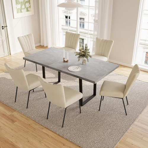 JIEXI Utdragbart matbord 4–6-sits, matbord förlängnings- och stolsset, MDF-material modern, lämplig för vardagsrum, kök, längd 130–170 cm (bord + 6 sekunder beige stolar)