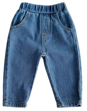 Blue Baby Boys Girls Jeans Toddler Kids Denim Trousers Elastic Waist Comfy Casual Trousers Solid Color Loose Fit Jean Flared Full Length Pants 2-3 Years