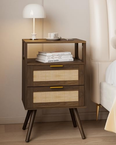 JERX Rattan Bedside Table, Farmhouse Nightstand with 2 Storage Drawer and Open Wood Shelf, for Bedroom and Small Spaces, Accent Bedside Cabinet with Solid Wood Legs, Easy Assembly Walnut Brown
