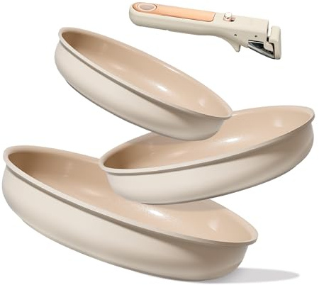 CAROTE 4pcs Ceramic Frying Pans Titanium Non Stick, 8+10+12” Frying Pan Egg Pan Omelet Pans with Detachable Handle, Nonstick Cookware, PFOA Free, Induction Compatible & Oven Safe, Dishwasher Safe