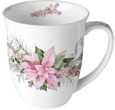 Ambiente Tasse à thé Jumbo 0,4 l - Poinsettia - Fleurs - Poinsettia - Blanc et rose - Porcelaine d'hiver