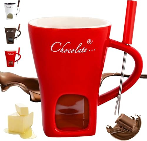Generisch 2026 Neuer Schokoladen Fondue Becher mit Gabeln, Schokoladen Schmelzbecher, Keramik Butterwärmer Topf Set, Persönlicher Käse Schmelzbecher mit Einem Teelicht Erhitztes Fondue (Rot)