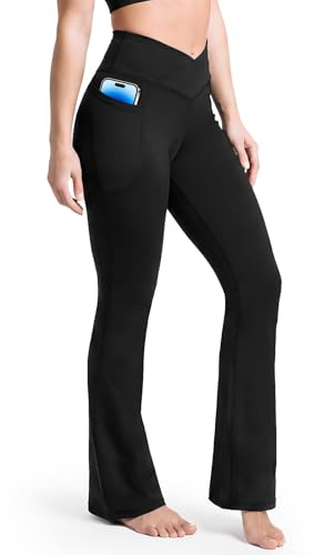 BSBUY Yogabyxor för kvinnor, hög midja V-Cross Leggings, kvinnors flänsade byxor med fickor, sport klocka smal passform, push-up breda ben leggings för fitness gym avslappnad dans