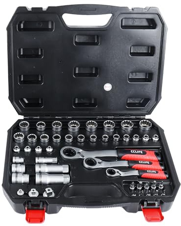 CCLIFE Set di chiavi a bussola passanti, 47 pezzi, set metrico con cricchetto, adattatori e punte in acciaio CrV, set di attrezzi per auto, meccanica e fai da te