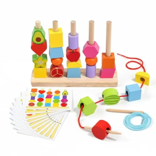 Bead Game Learning Toy Set With Threading Blocks Stack Puzzle Wooden Sorter Fruit Sequence Cards Suitable for Preschool Boys and Girls Gift