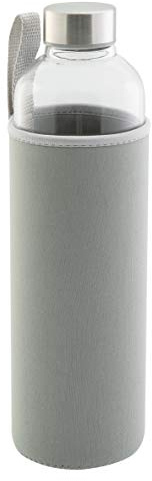axentia Bottiglia Acqua in Vetro borosilicato, Borraccia Sportiva con Tappo a Vite in Acciaio Inox e Custodia in Neoprene, 1 litro, Trasparente/Grigio