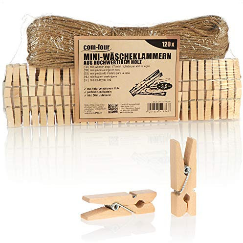 COM-FOUR® 120x Mini-Wäscheklammer und 50 m Juteseil, kleine Holz-Klammer als Dekoration für Bilder, Collagen, Postkarten, Fotos & Geschenke zum Glück (120 Stück - m. Juteband - Natur)
